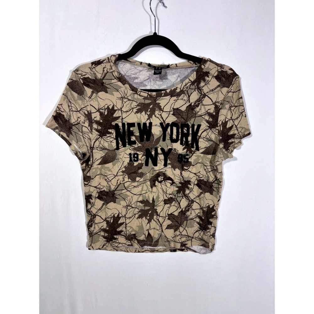 Gorpcore Streetwear Society New York Leaf Graphic Crop Top Womens XL Tan Camo